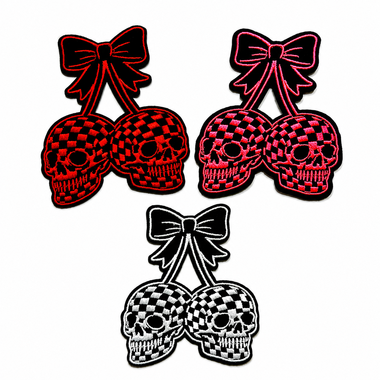 Checkered Skull cherries with bow patches - Embroidered Iron On Patch 3.25