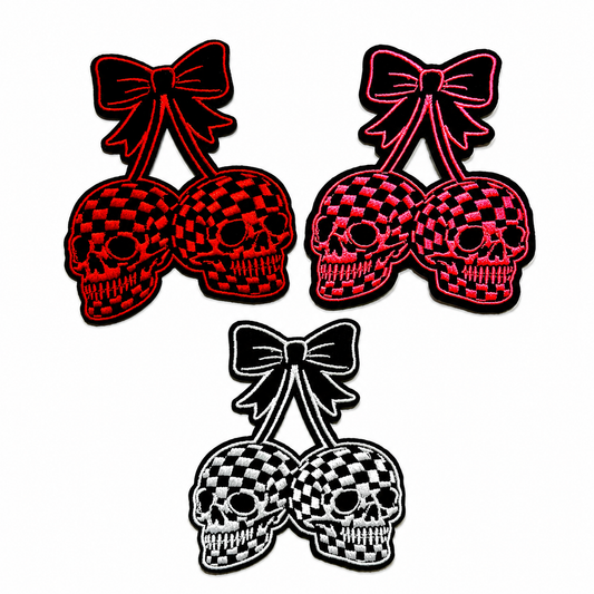 Checkered Skull cherries with bow patches - Embroidered Iron On Patch 3.25