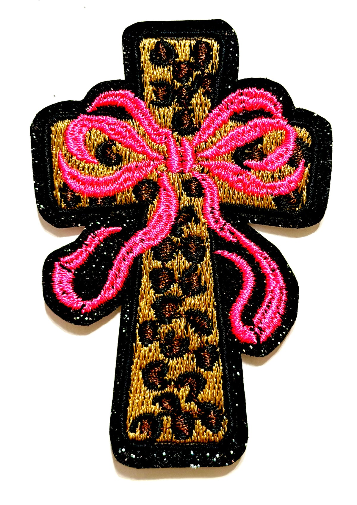 Leopard Print Cross with Ribbons - Embroidered Iron on patch 3”