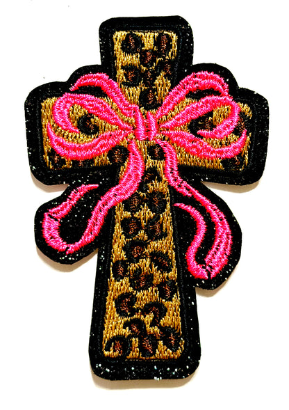 Leopard Print Cross with Ribbons - Embroidered Iron on patch 3”