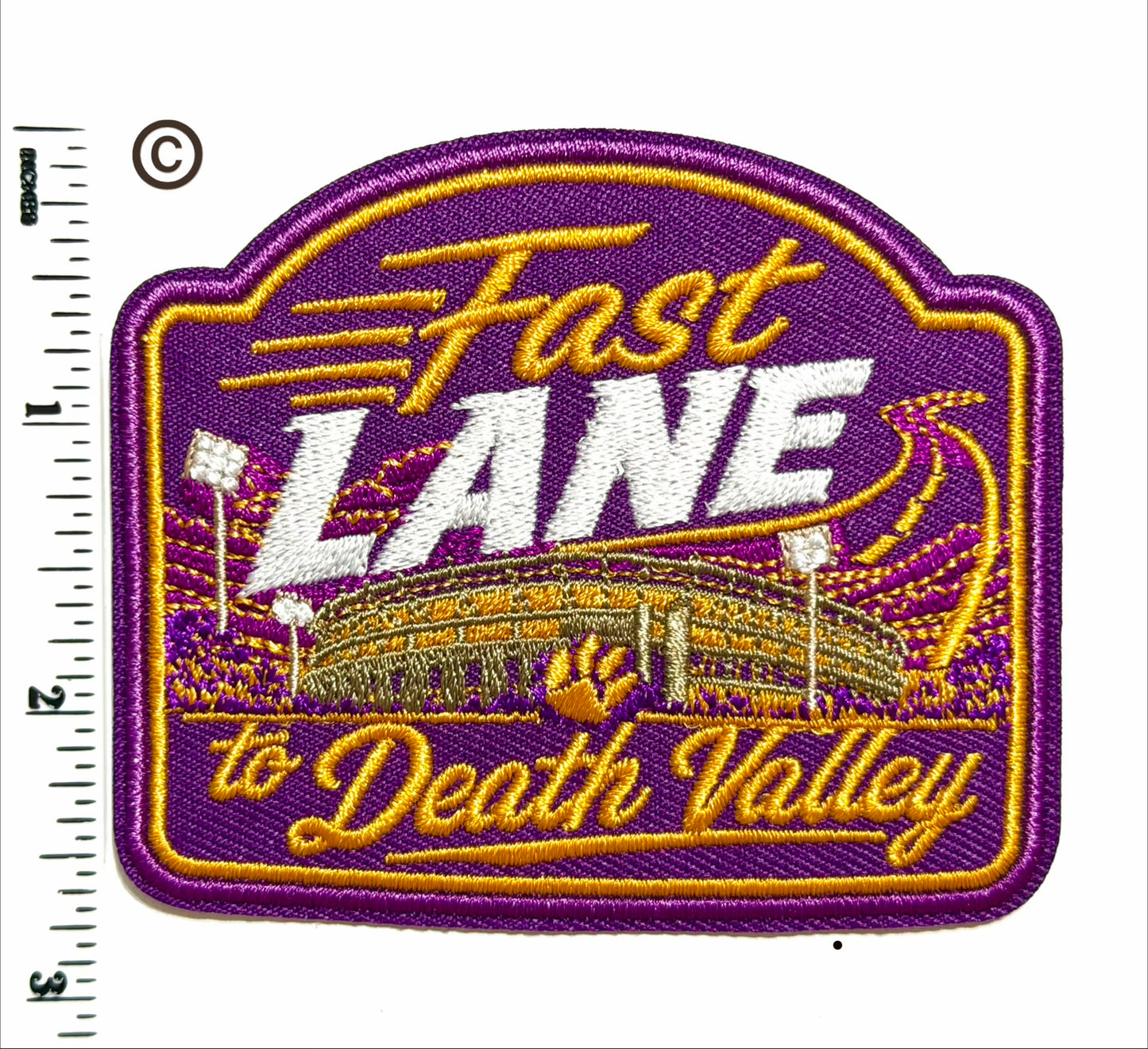 Fast LANE to Death Valley Purple & Gold Tigers patch - Embroidered Iron on patch 3”