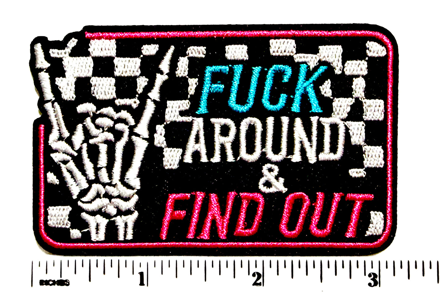 Fuck around and find out checkered Skelly hand patch - Embroidered Iron on patch 3”