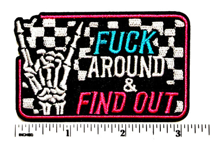 Fuck around and find out checkered Skelly hand patch - Embroidered Iron on patch 3”