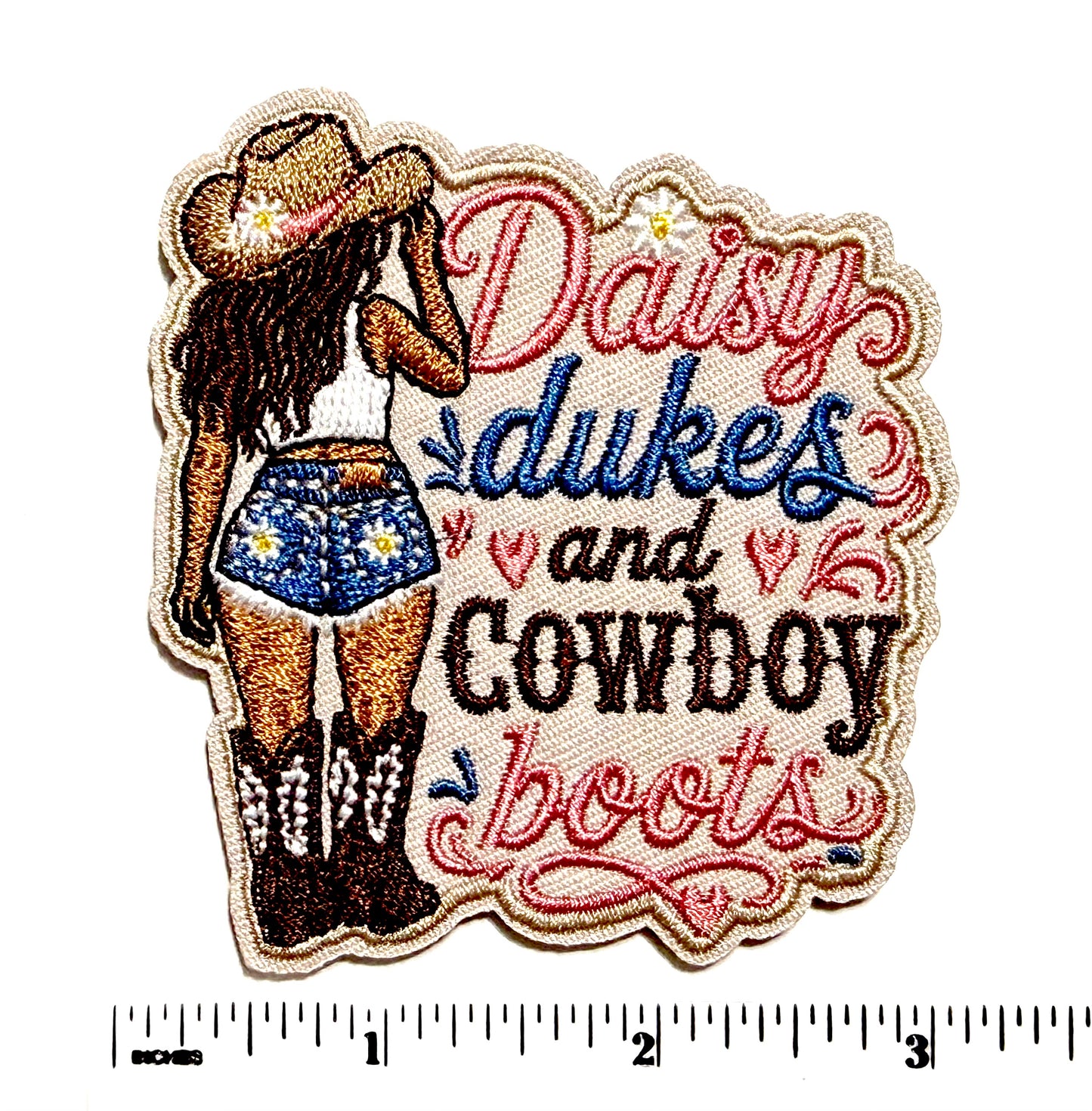 Daisy Dukes & Cowboy Boots patch - Embroidered Iron On Patch 3.25”