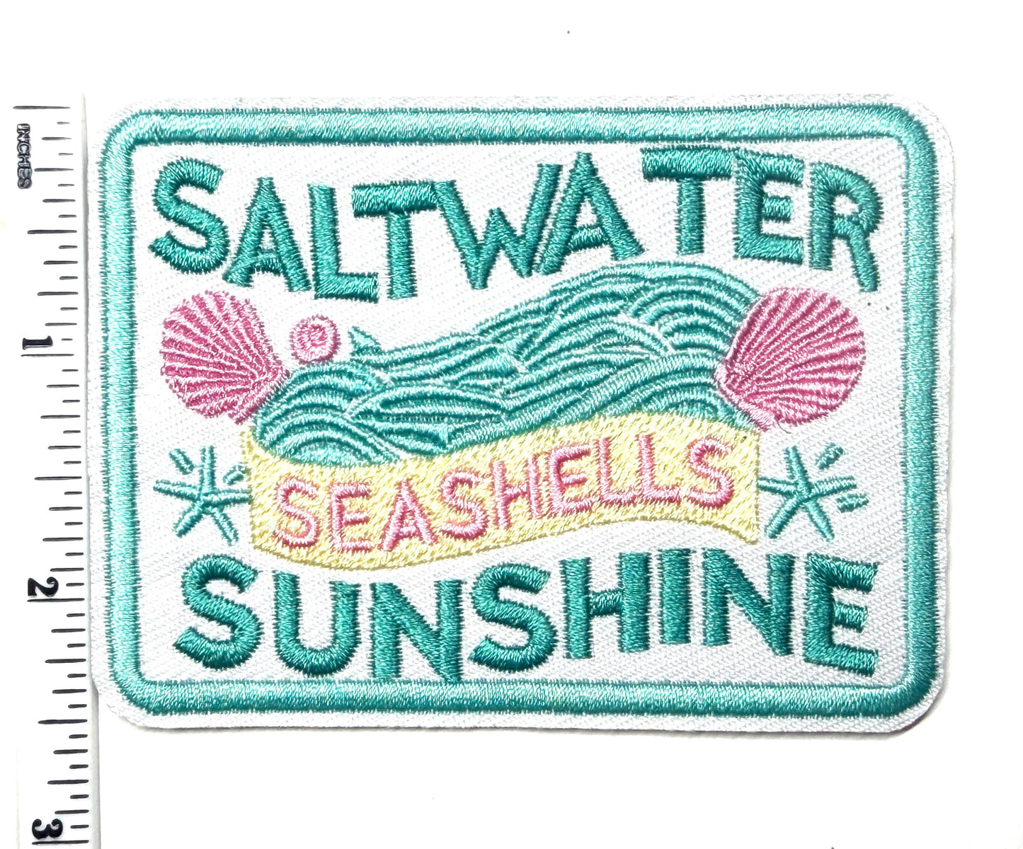 Saltwater, seashells, sunshine – Embroidered Iron On Patch 3”