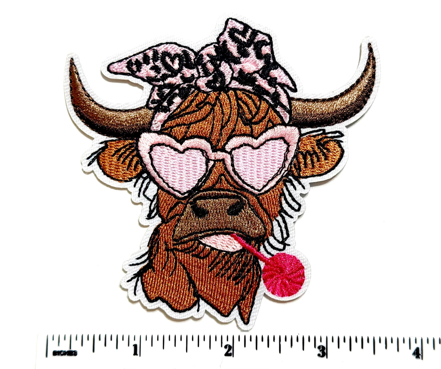 Highland Cow with Heart Sunglasses & Bandana - Embroidered Iron On Patch 3.5"