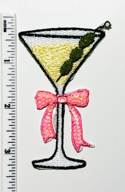 Martini Glass Patch with Pink Sequins Bow – Embroidered Iron-On Applique