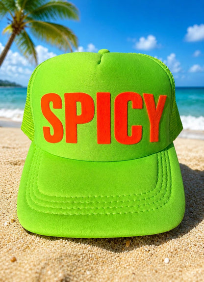 Neon Green SPICY Trucker Hat | Orange Puff Letters Summer Snapback