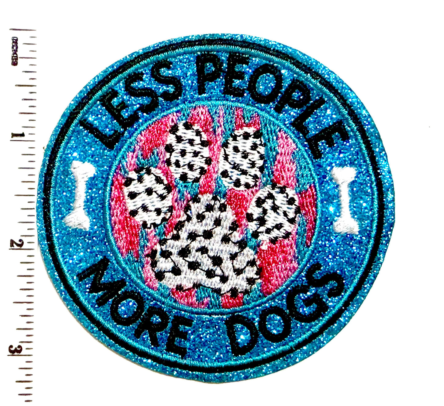 Less People More Dogs - Embroidered iron on patch with blue glitter 3”