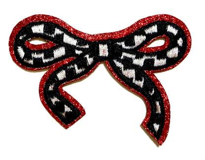 Checkered bow with glitter outline patches - Embroidered DIY iron on patch