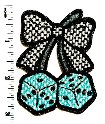 Cherry Dice patches - Embroidered Iron On Patches with Glitter 3”