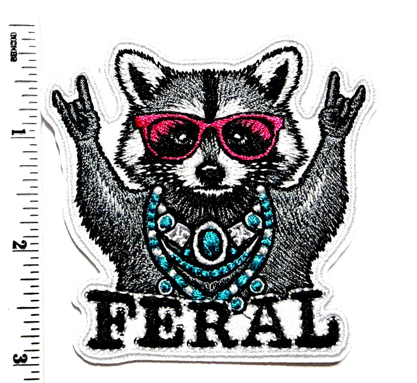 Feral Raccoon Rock On patch - Embroidered Iron On Patch 3”