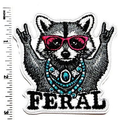Feral Raccoon Rock On patch - Embroidered Iron On Patch 3”