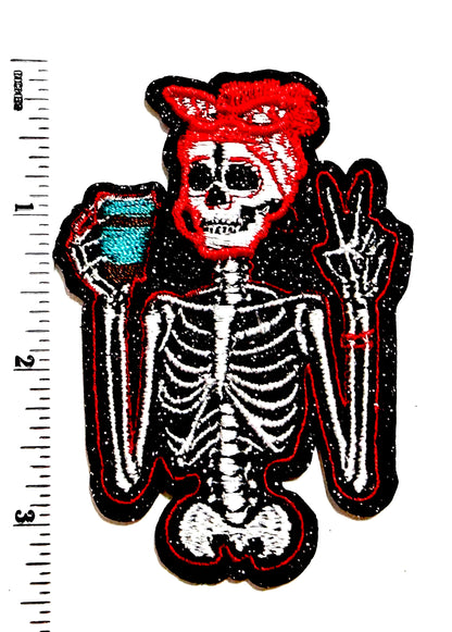 Skelly Girl with Coffee patch - Embroidered Iron On patch with glitter 3”