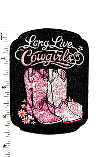 Long Live Cowgirls pink cowgirl boots - Embroidered DIY Iron on patch 3”
