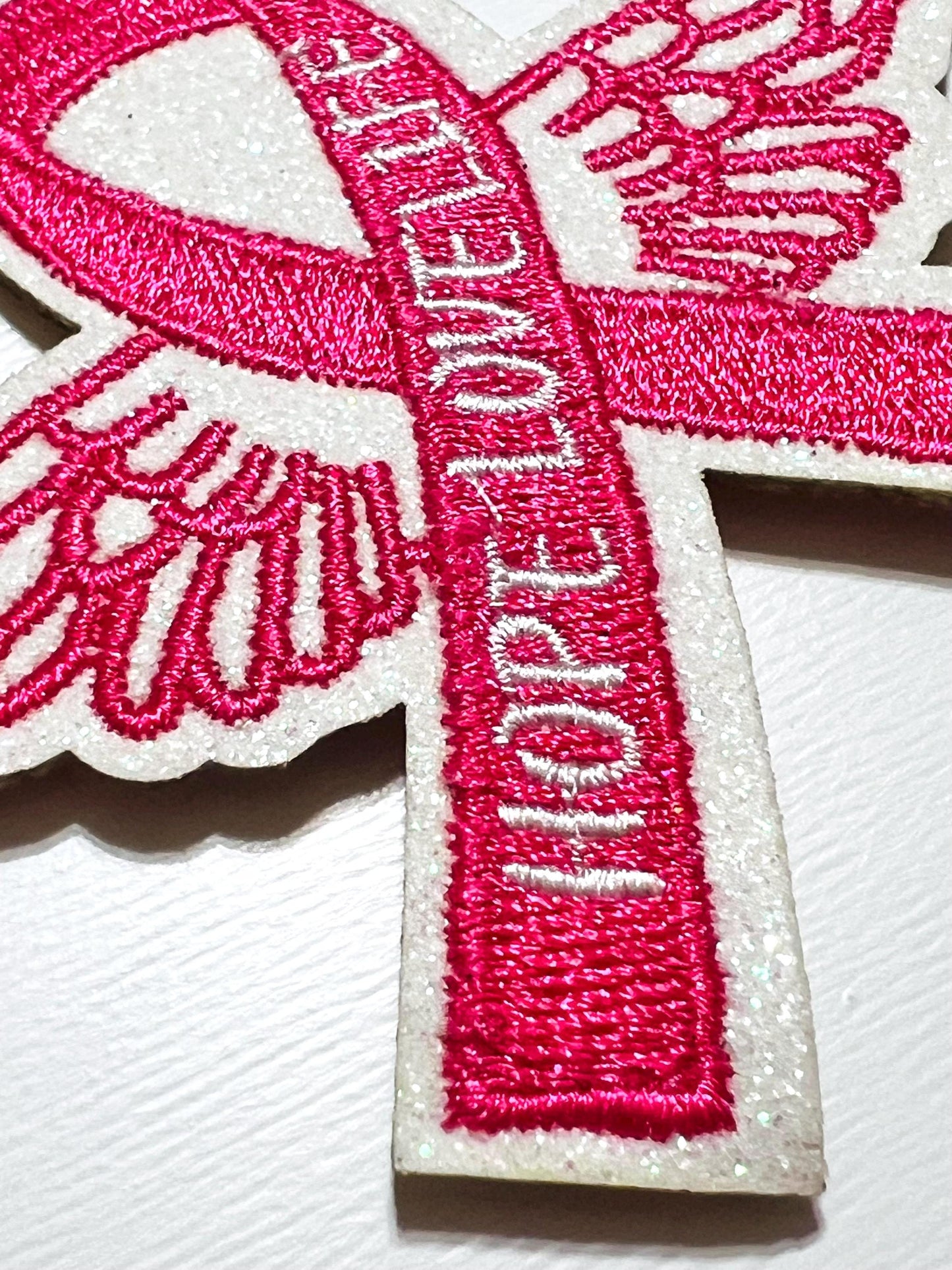 Breast Cancer Awareness Ribbon Patch with Iridescent Angel Wings