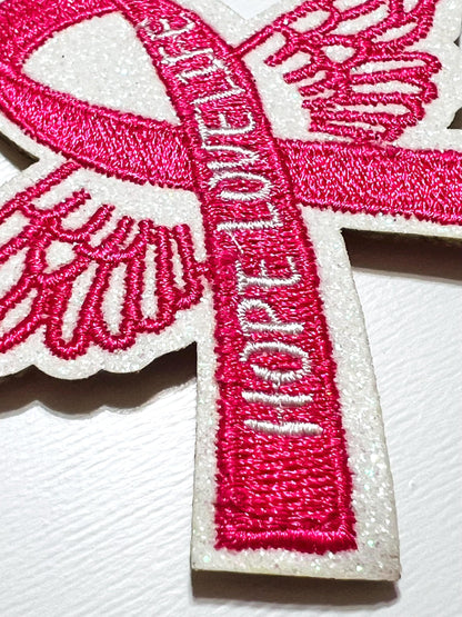 Breast Cancer Awareness Ribbon Patch with Iridescent Angel Wings