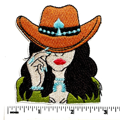 Cowgirl with turquoise jewelry patch - Embroidered Iron on patch 3”