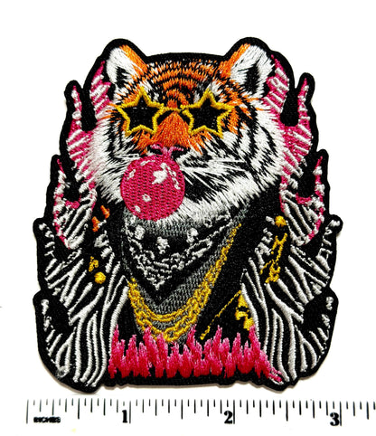Tiger with star sunglasses blowing bubble patch - Embroidered DIY Iron on patch