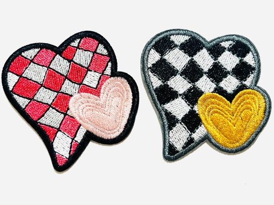 Checkered Heart - Embroidered Iron on patch 2.5”