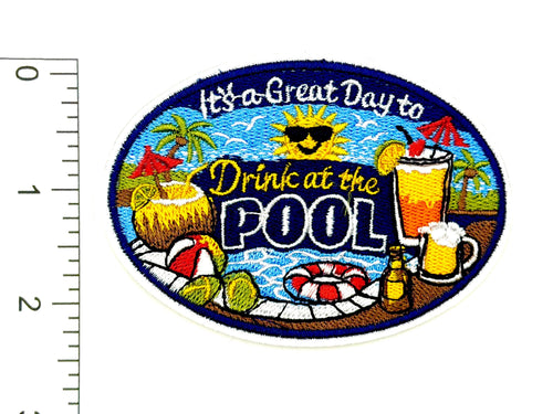 Embroidered Drink at the Pool Patch – Iron-On Applique, 3.25" Oval