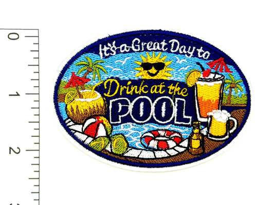 Embroidered Drink at the Pool Patch – Iron-On Applique, 3.25" Oval