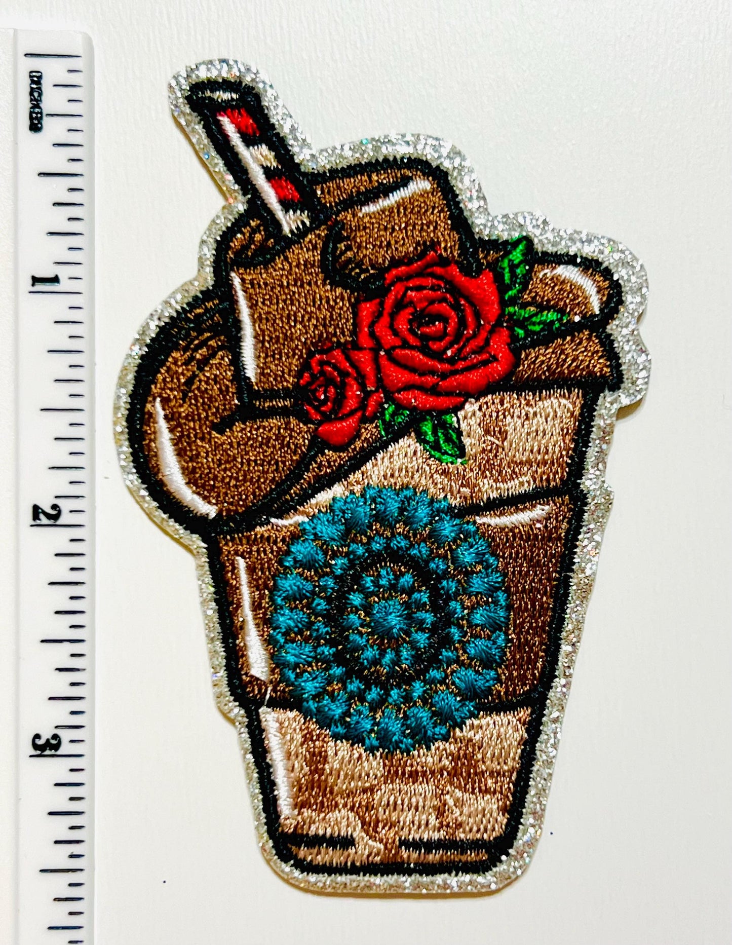 Iced coffee with cowgirl hat and turquoise - Embroidered Iron on patch 3.5”