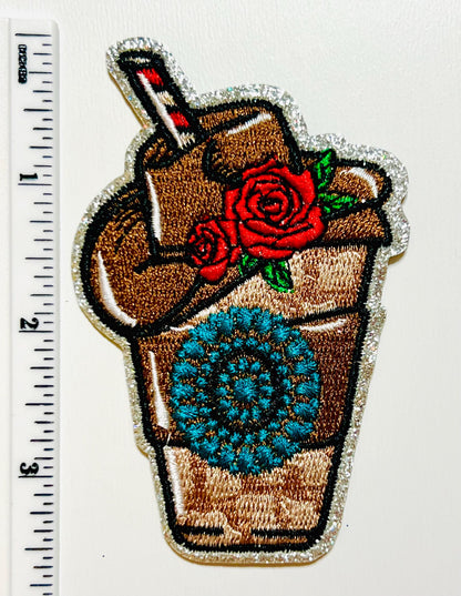 Iced coffee with cowgirl hat and turquoise - Embroidered Iron on patch 3.5”