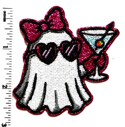 Halloween Ghost with Martini patch - Embroidered Iron on patch 2.5”
