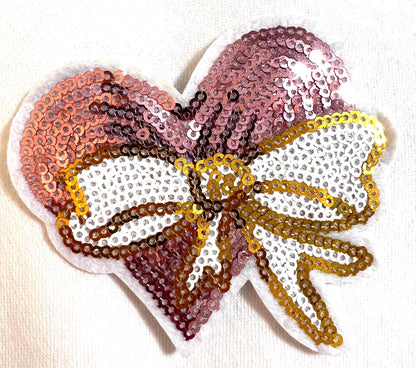 Sequin Heart with Bow - Iron on Patch