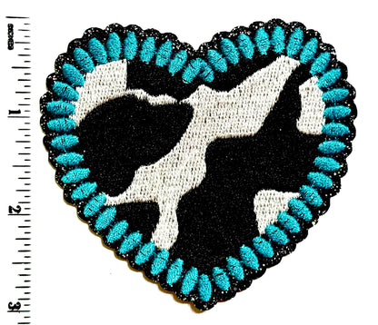 Cow print & Turquoise Patches - heart, lightning bolt, star - Embroidered Iron-On patches