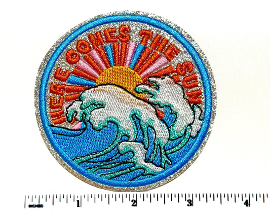 Here comes the sun - Embroidered DIY Iron on patch with glitter 3.5”