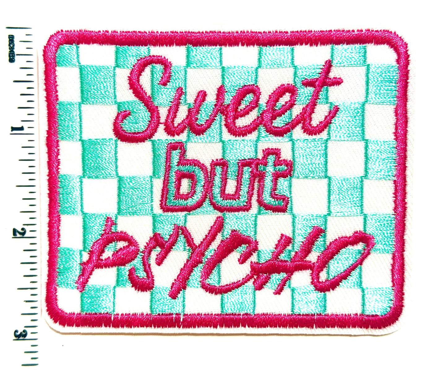 Sweet but Psycho teal and white checkered patch - Embroidered Iron on patch