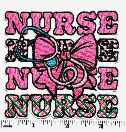 Nurse with Stethoscope & bow - Embroidered Iron on patch 3.25”