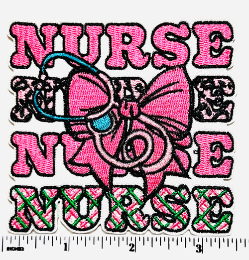Nurse with Stethoscope & bow - Embroidered Iron on patch 3.25”