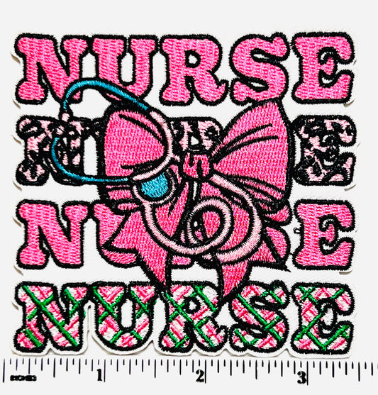 Nurse with Stethoscope & bow - Embroidered Iron on patch 3.25”