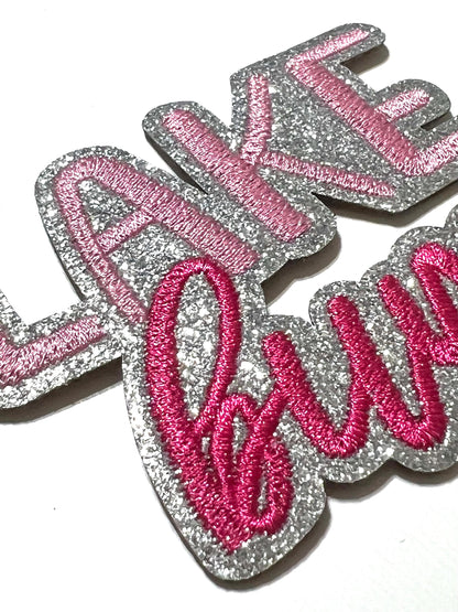 Lake Bum - Embroidered Iron on patch with silver glitter 3.5”
