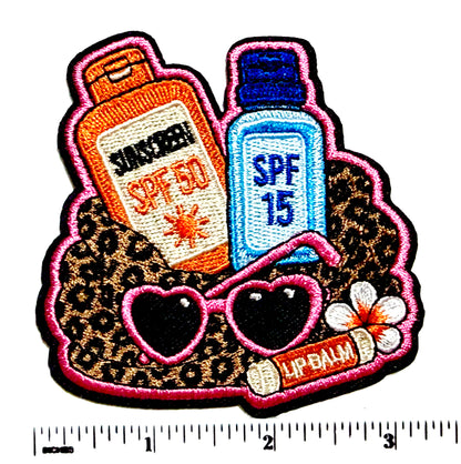 Beach bag contents; sunscreen, sunglasses patch - Embroidered DIY Iron on patch 3.25” (Copy)