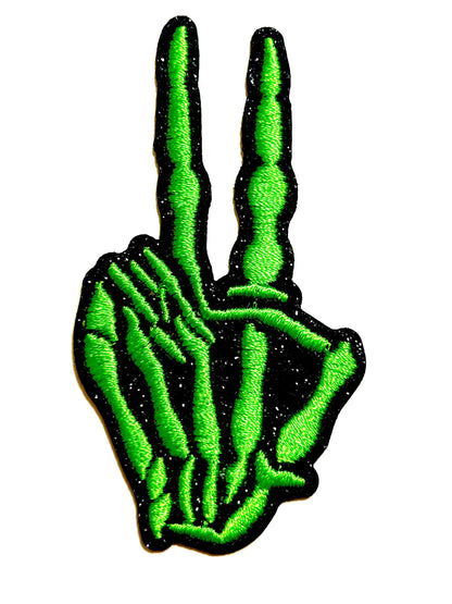 Skeleton Hand peace sign patch - Embroidered Iron on patch 3.25”