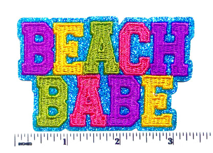 Beach Babe - Embroidered Iron on patch with blue glitter outline