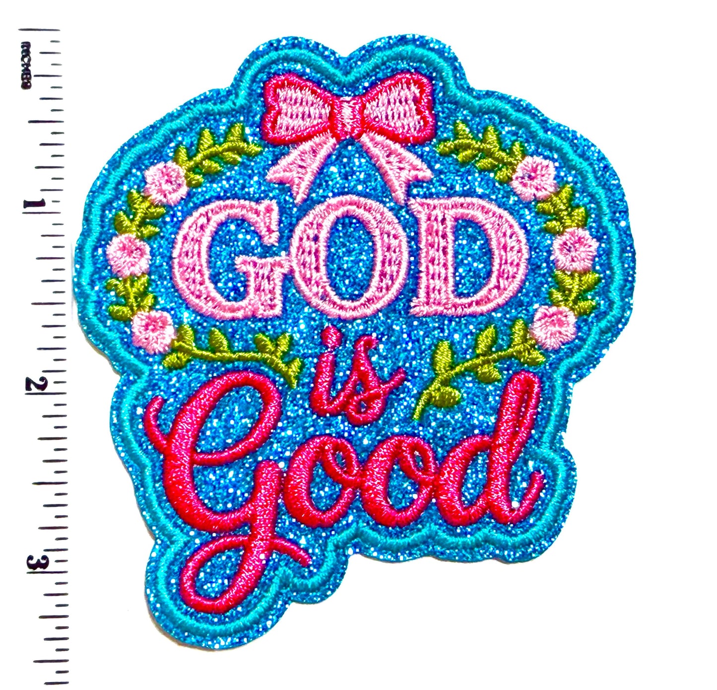 God is Good Embroidered Iron On Patch with blue glitter , DIY Applique