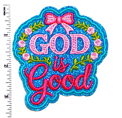 God is Good Embroidered Iron On Patch with blue glitter , DIY Applique