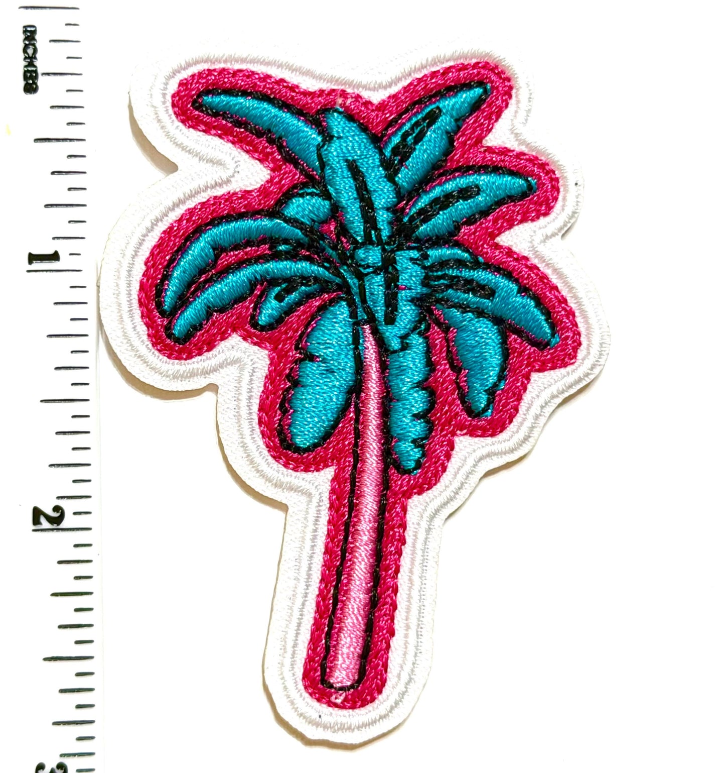 Palm Tree patch with pink outline - Embroidered Iron on patch 3”