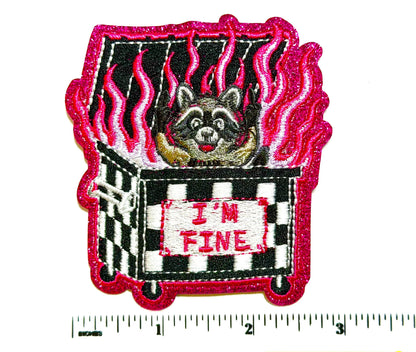 Dumpster Fire, hot pink flames, raccoon I’m fine - Embroidered Iron-On Patch with glitter 3.25”