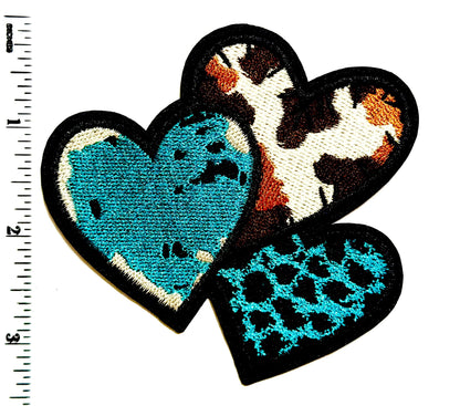 Turquoise & Leopard Print patches, Hearts, Cross and Bow - Embroidered Iron On Patches