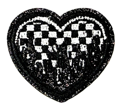 Checkered Hearts with Flames and glitter borders Iron On Patches 2”