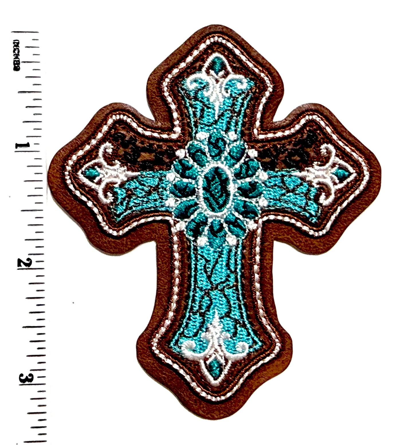 Turquoise Cross patch - Leatherette Embroidered Iron On Patch 3.25”