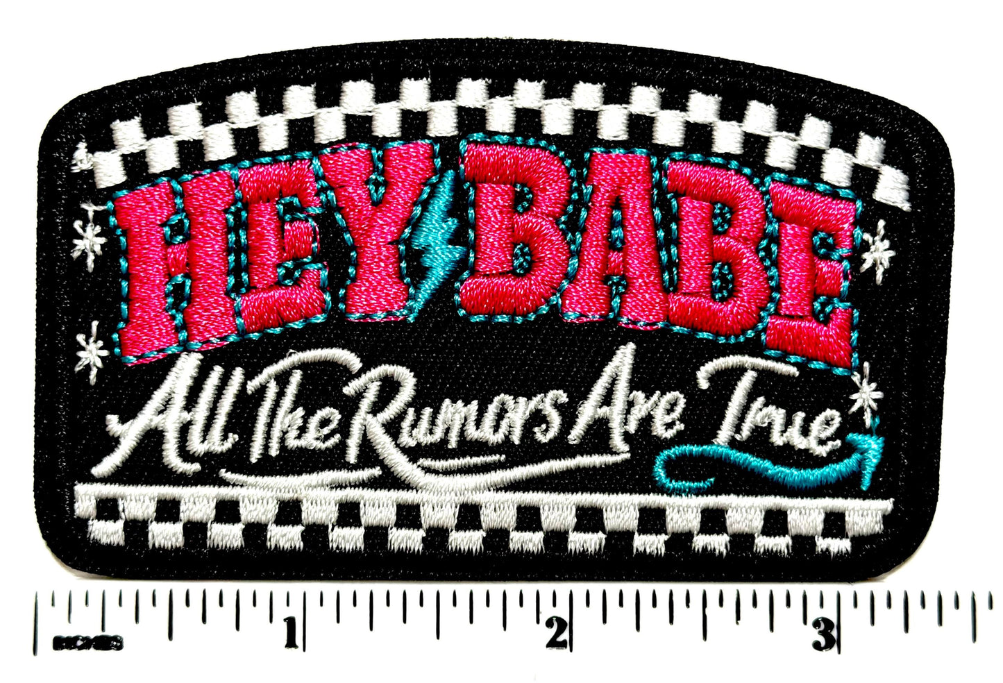 Hot Pink Turquoise Checkered Hey Babe all the rumors are true - Embroidered Iron-On Patch 3.25"