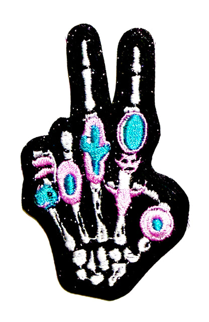 Skeleton Hand peace sign patches - Embroidered Iron on patches 3”