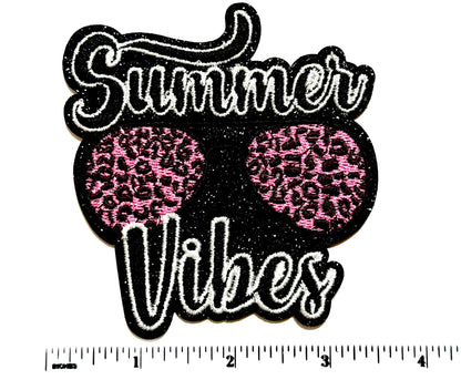 Summer Vibes leopard print sunglasses patch - Embroidered Iron on patch with black glitter